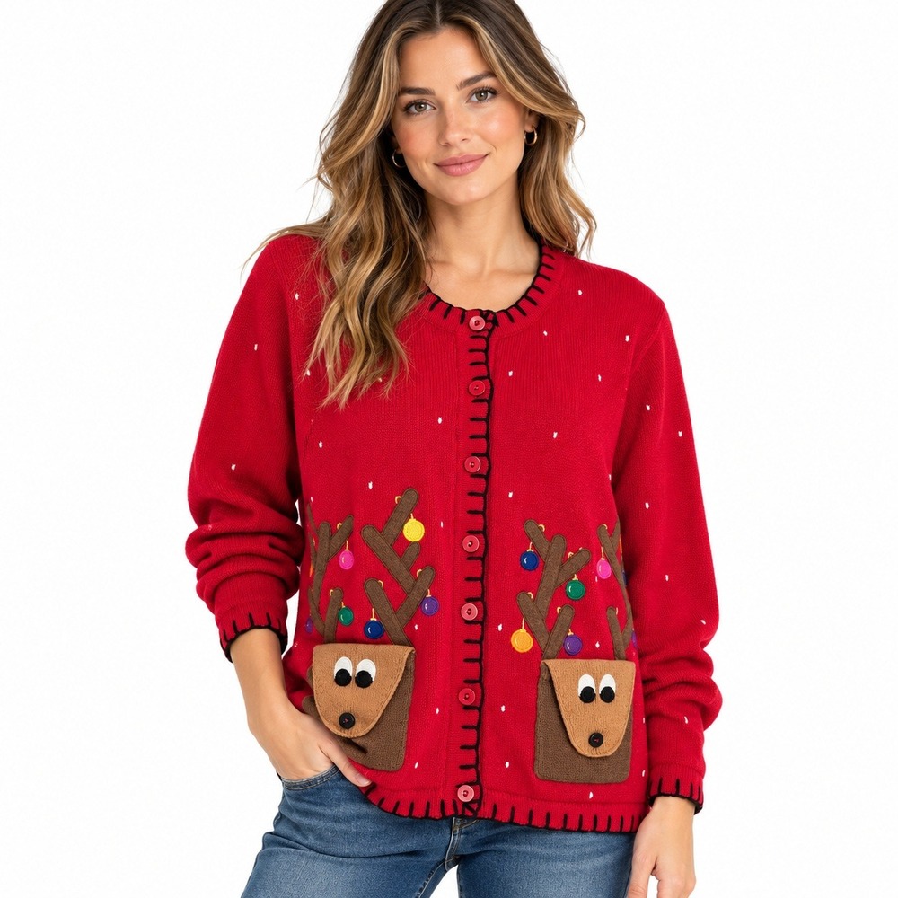 Vintage Bechamel Reindeer Cardigan Sweater Large Red Christmas Holiday Kitsch